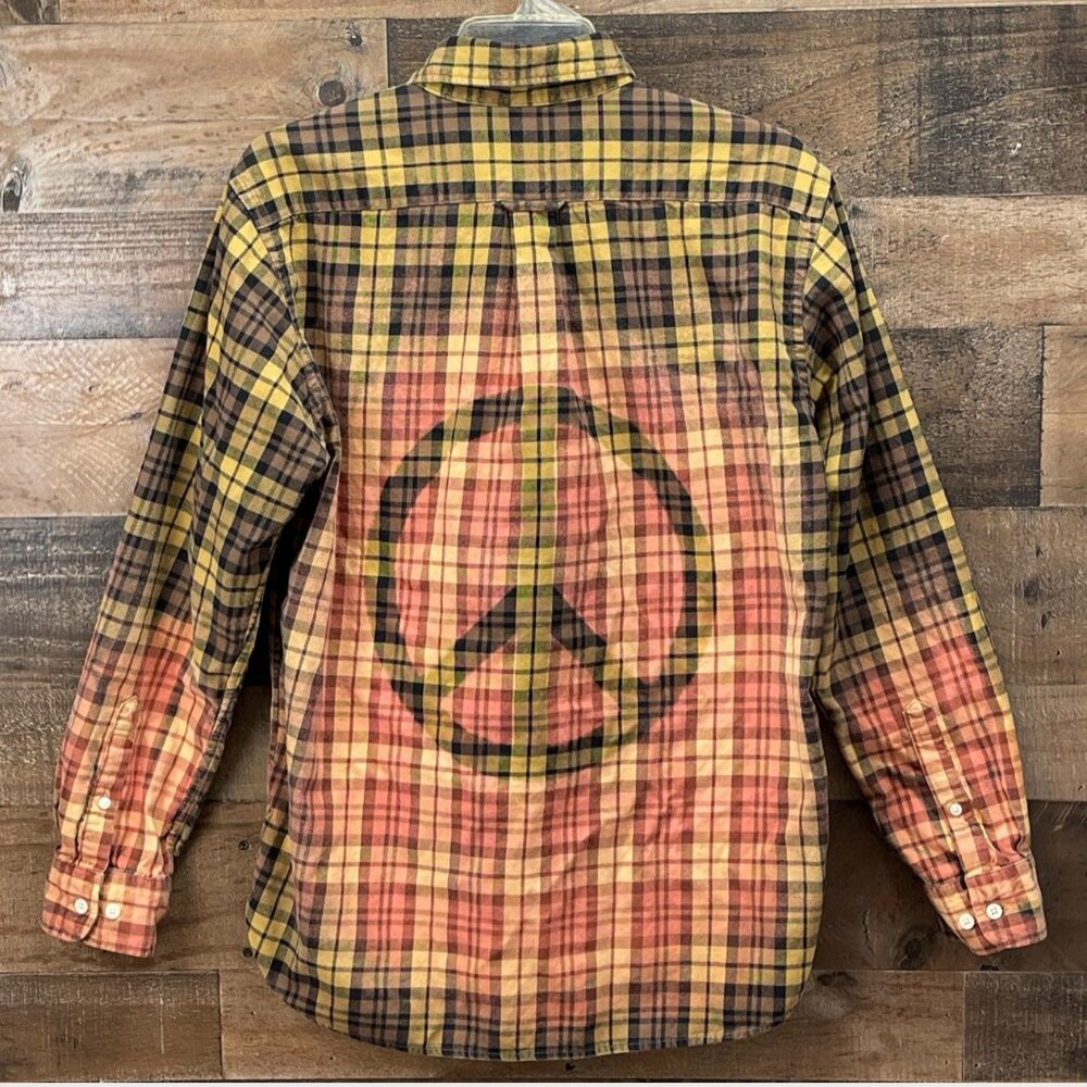 Bleached Peace Sign Flannel Shirt Yellow Brown Plaid Size Small